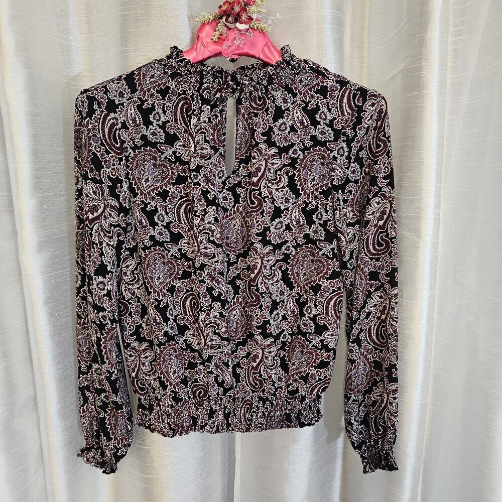 Michael Kors Paisley Ruffle Button High Neck Long Sleeve Blouse Burgandy Y2K S